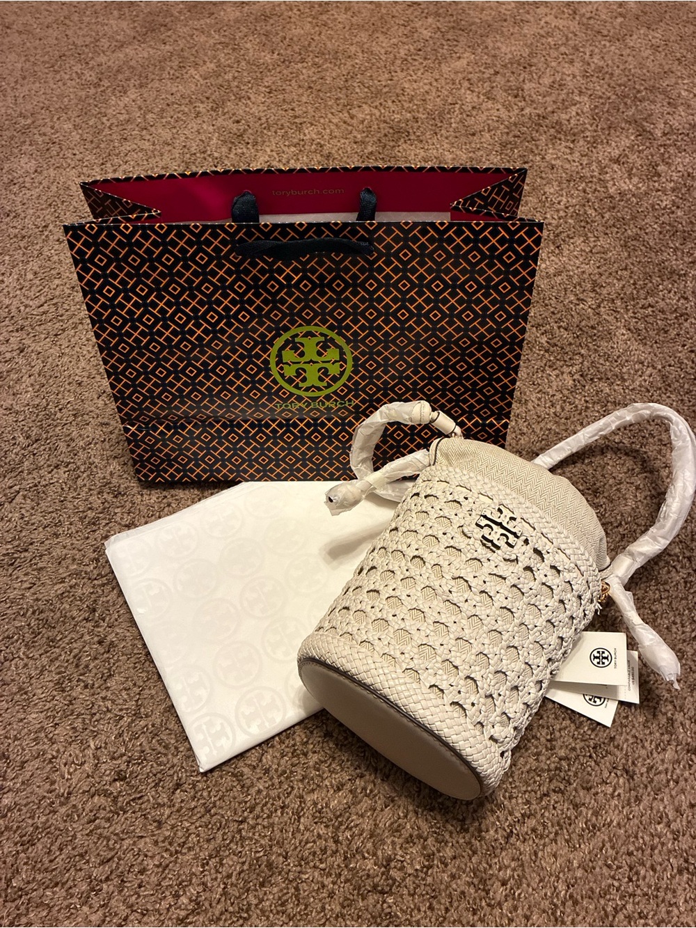 Tory Burch Ivory Woven Mini Bucket Bag NWT